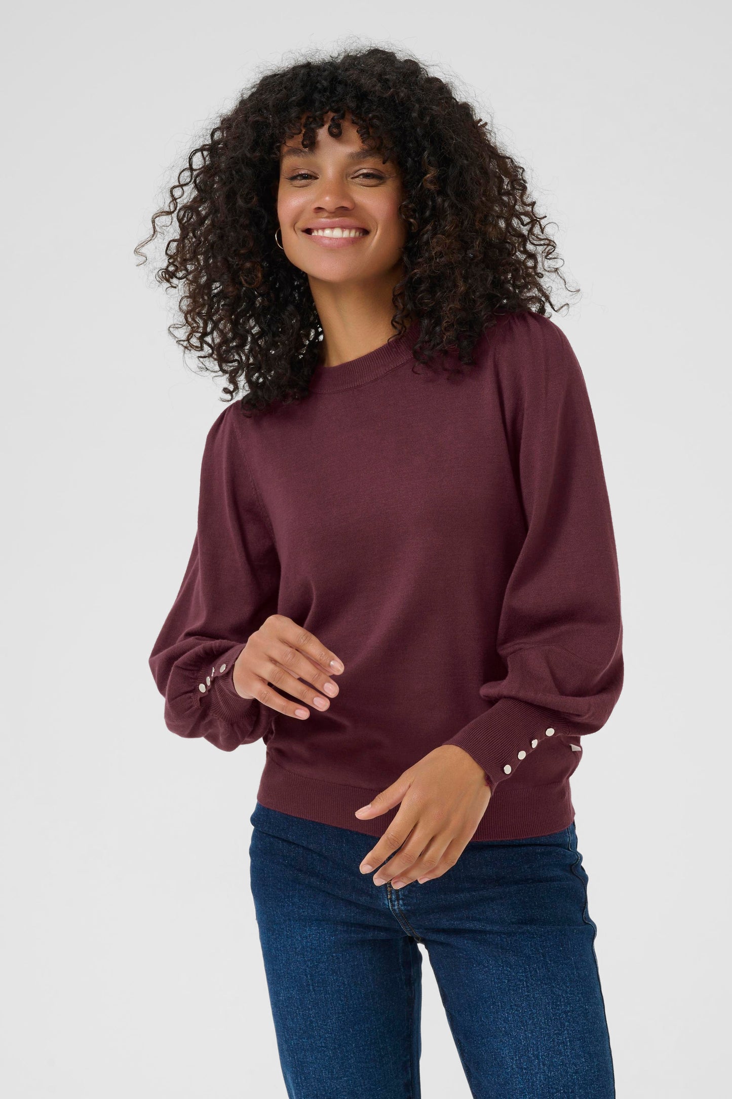 Lizza round neck knit button - windsor wine