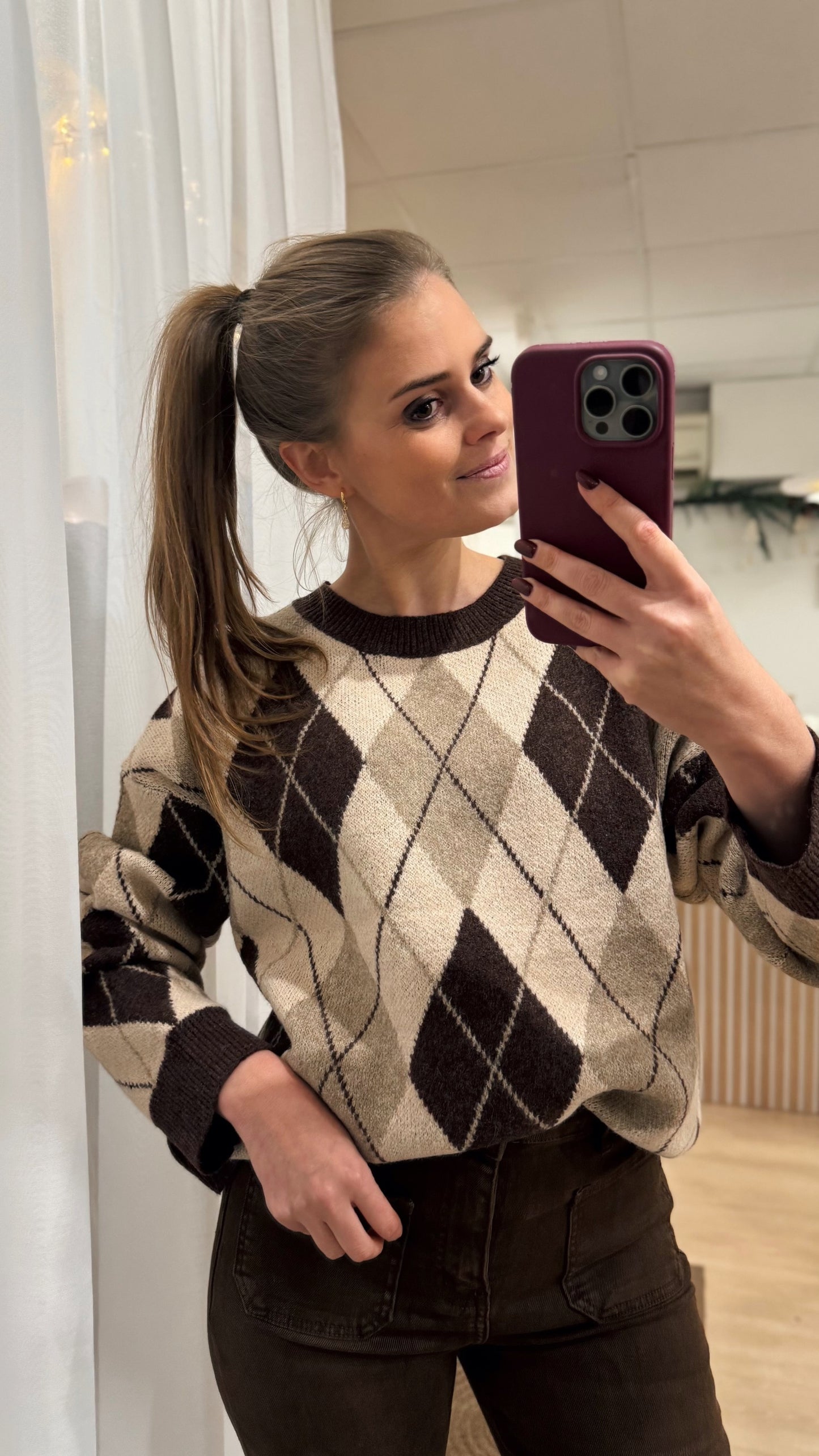 Trui met ruit motief - coffee/beige