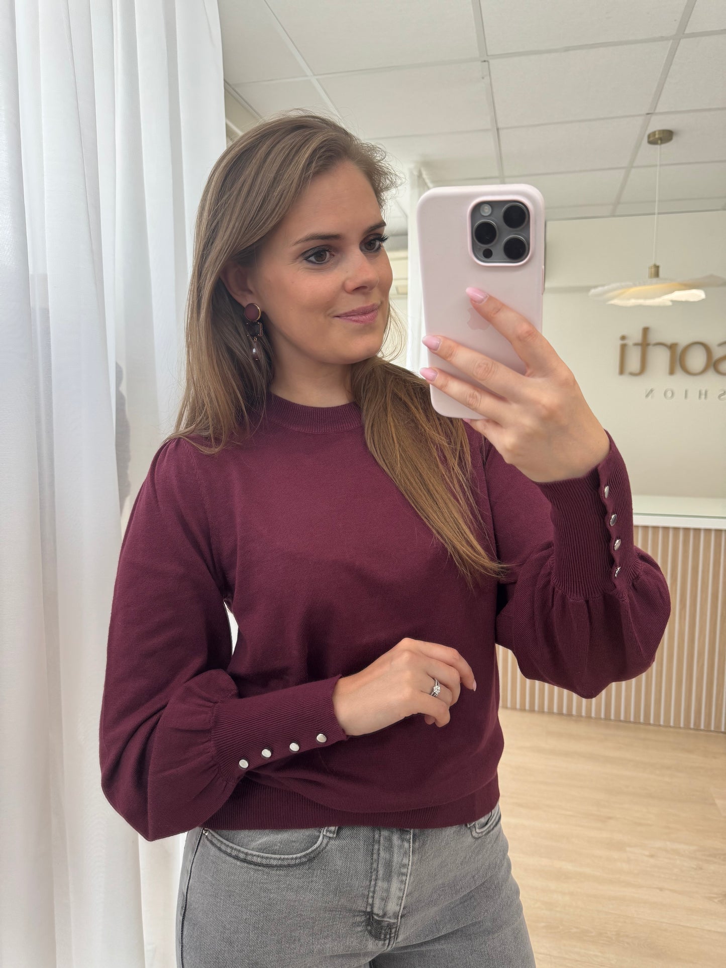Lizza round neck knit button - windsor wine