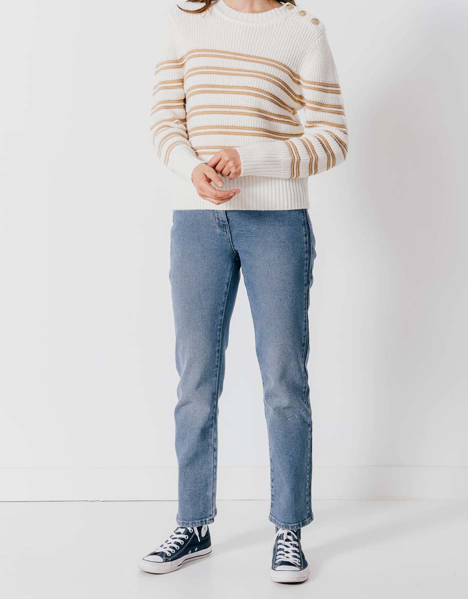 Gestreepte trui lurex - ecru/camel