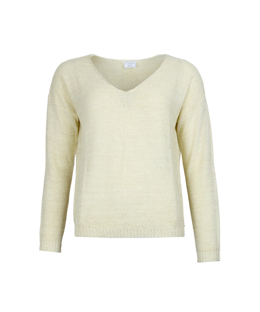 Truitje met V hals lurex - lichtgeel