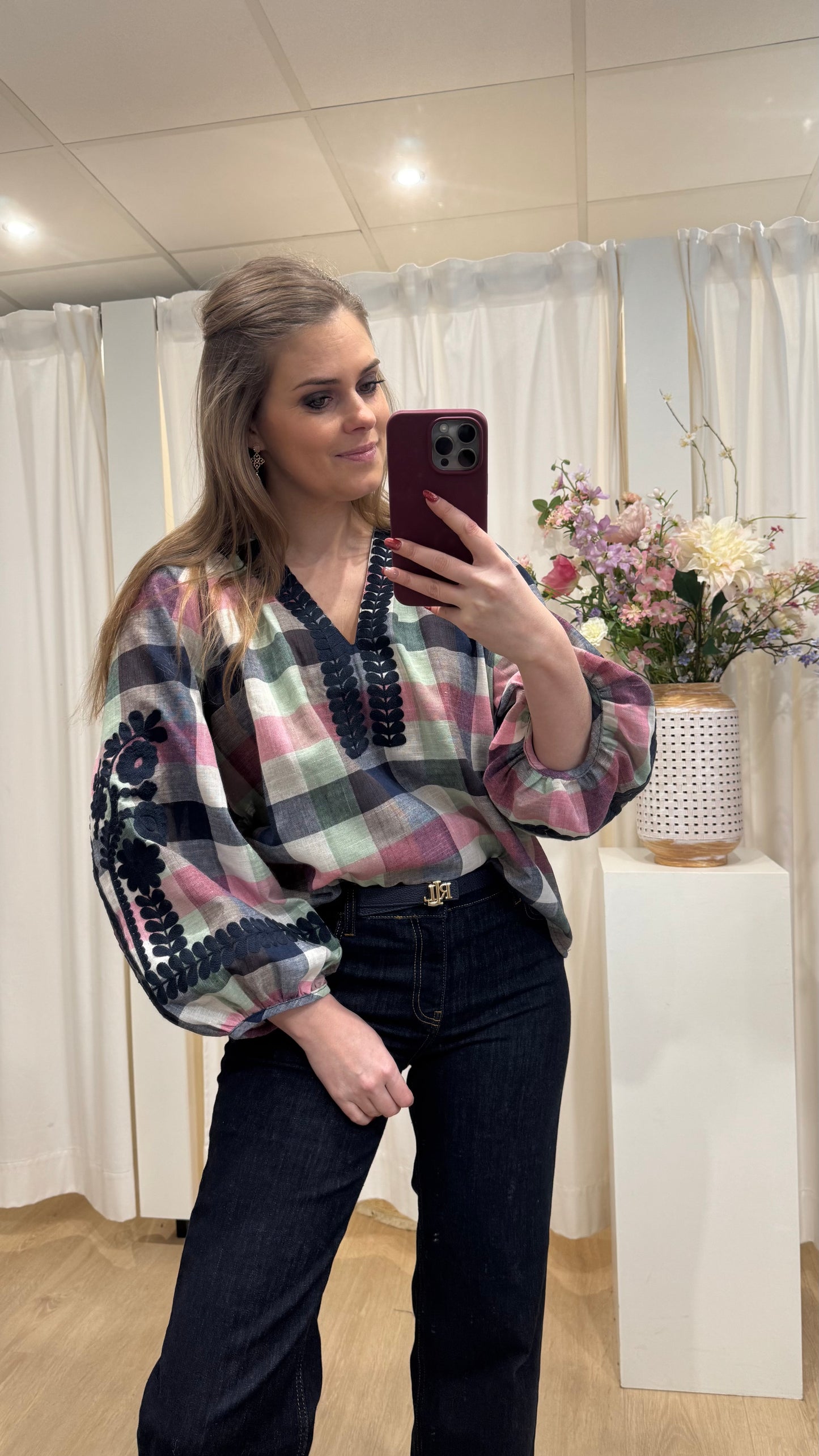 Blouse ruit met broderie - blauw/roze