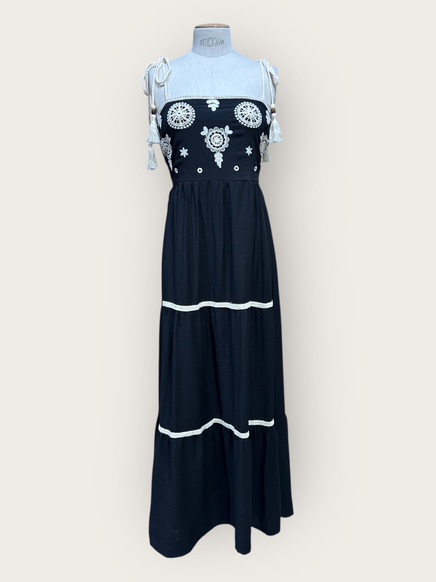 Embroidery long dress - black/beige