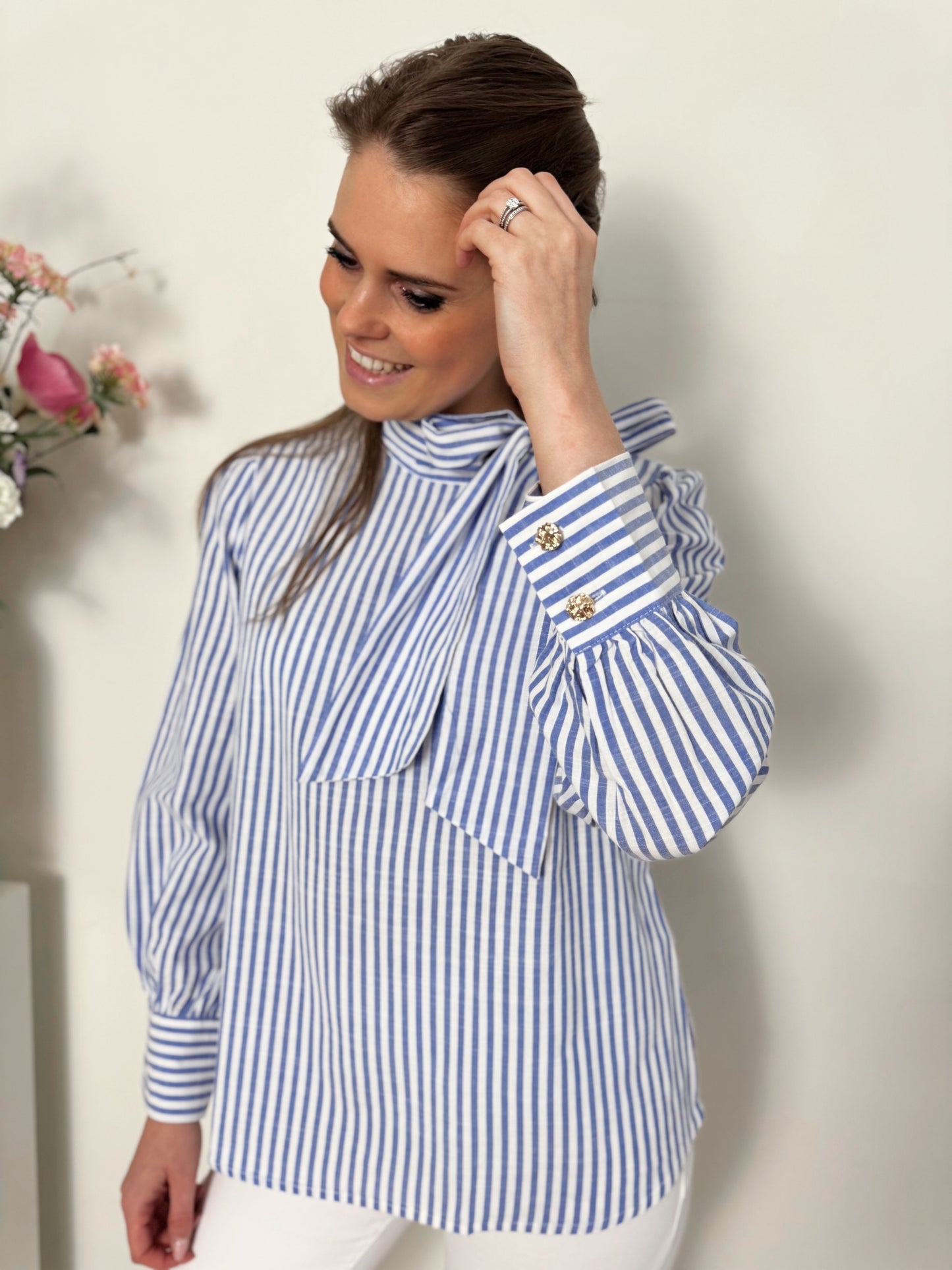 Striped blouse bow - blue