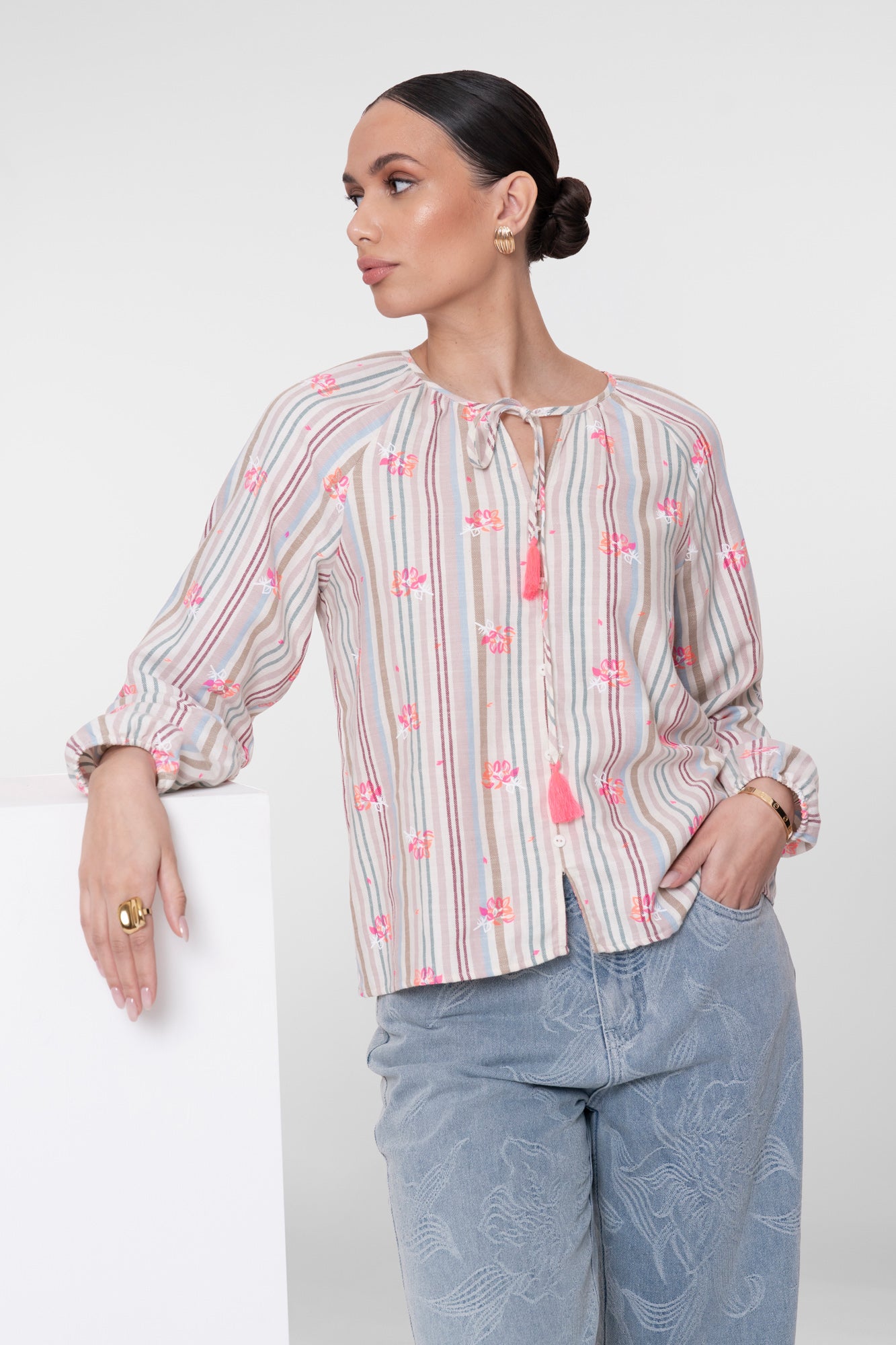 Blouse stripe kwastjes - pink/blue
