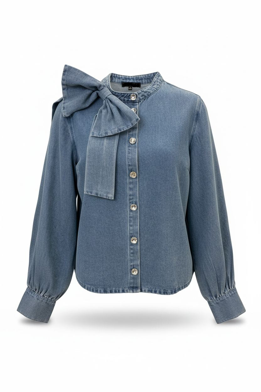 Denim blouse bow - blauw