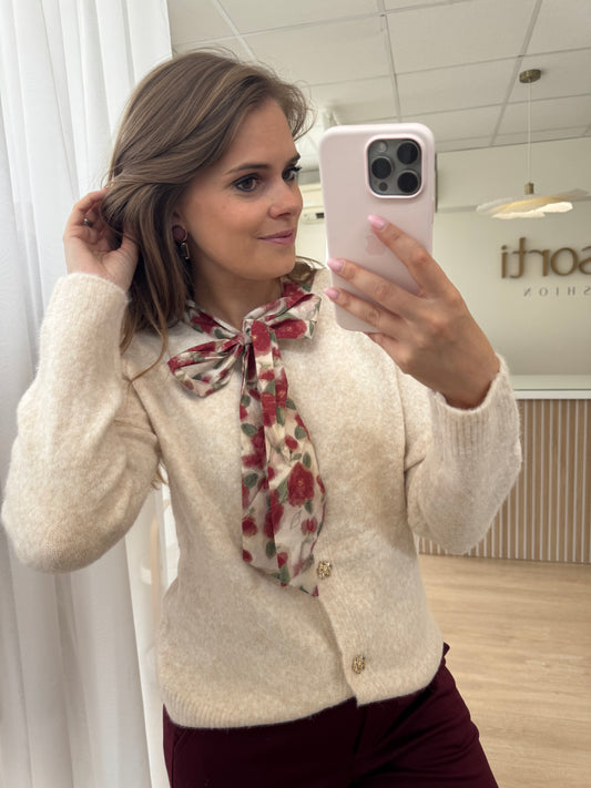 Cardigan with flower bow - ecru/bordeaux