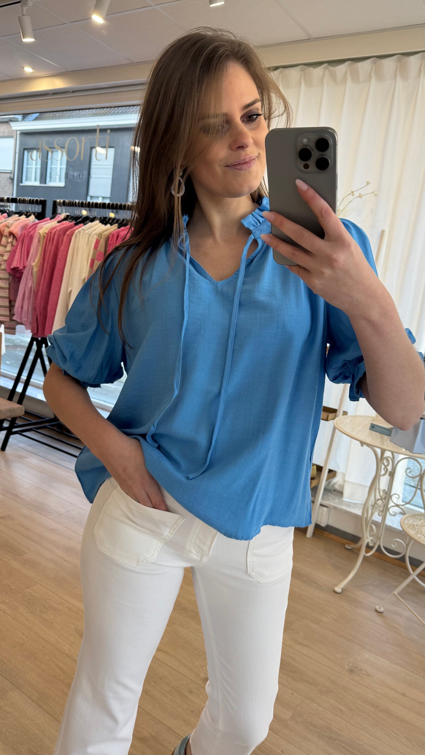 Lufia frill blouse - azuurblauw