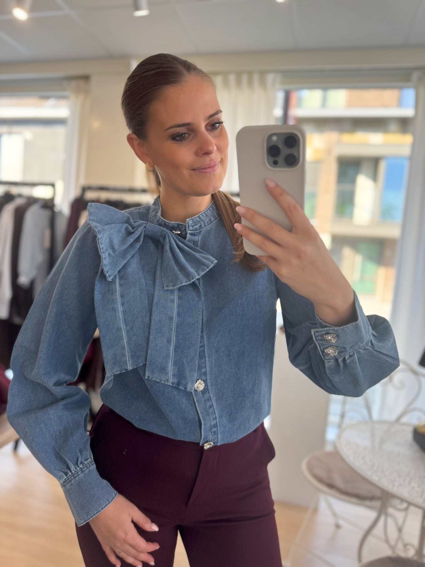 Denim blouse bow - blauw