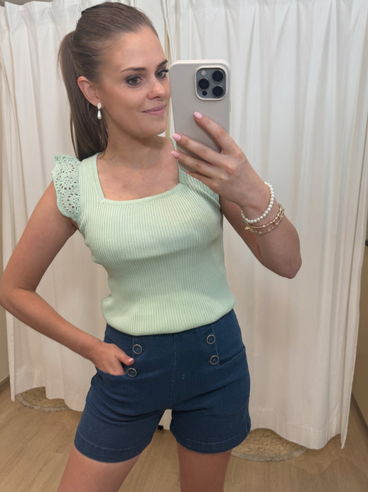 Tricot topje broderie frul - muntgroen
