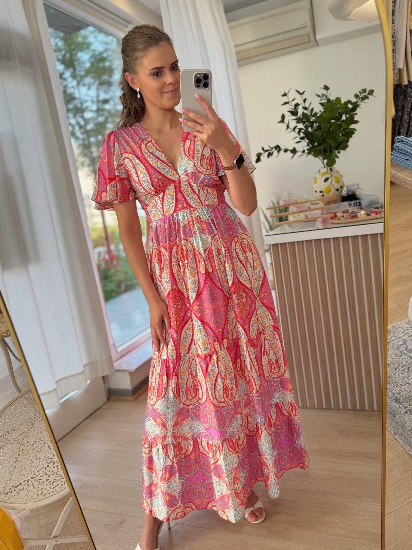 Kleedje V hals KM - print fuchsia