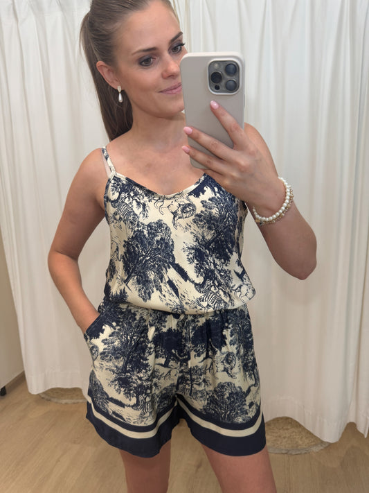 Top fijne bretel dior print - donkerblauw
