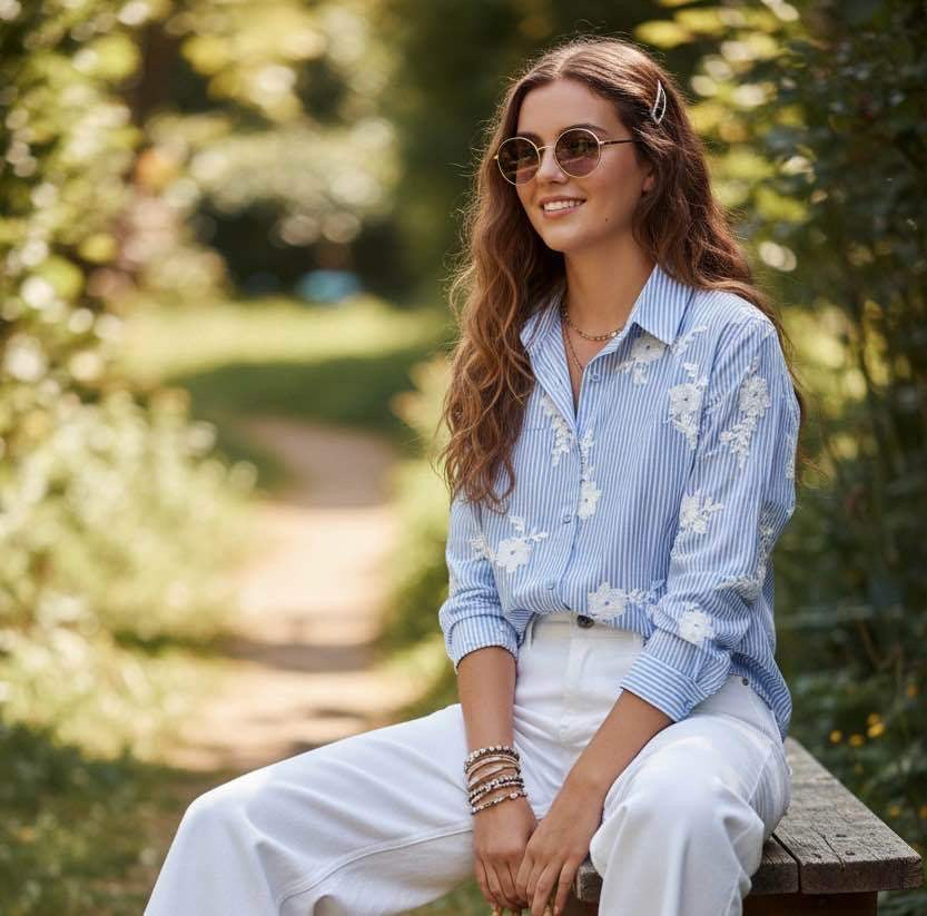 Broderie bloes - blauw/wit