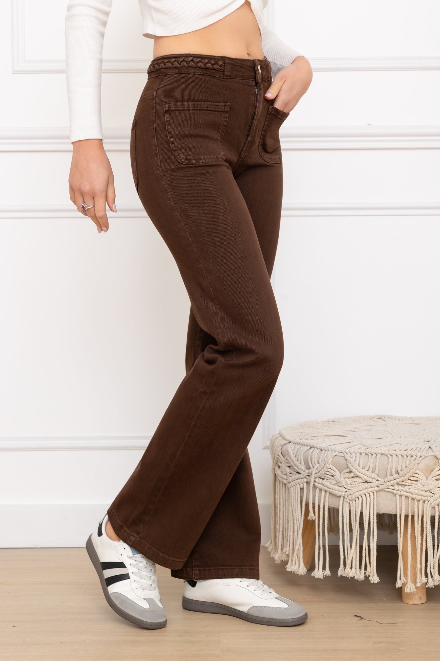 Stretch broek zakjes vlecht - bruin