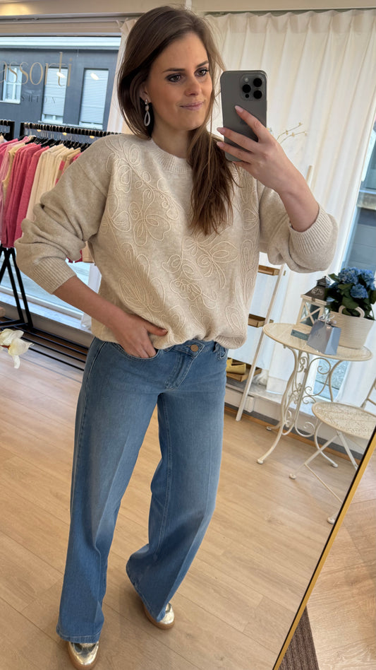 Trui bloemen broderie - beige