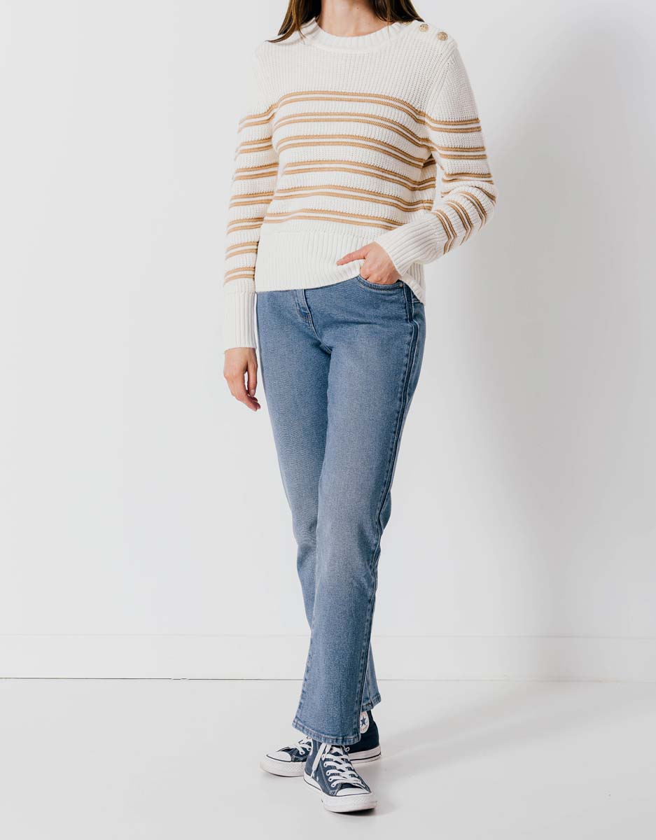 Gestreepte trui lurex - ecru/camel