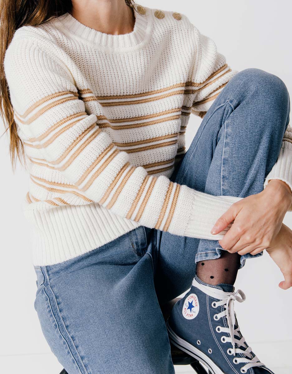 Gestreepte trui lurex - ecru/camel