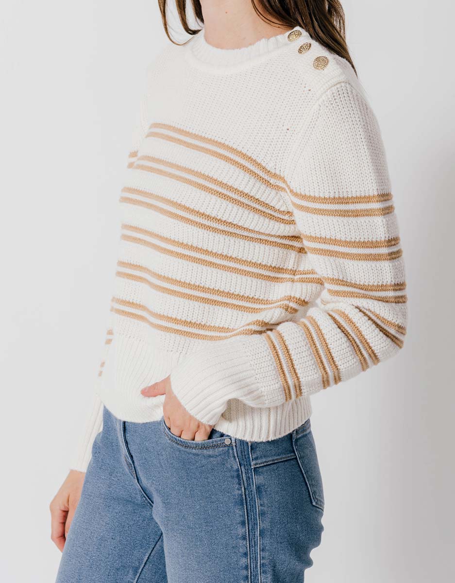 Gestreepte trui lurex - ecru/camel