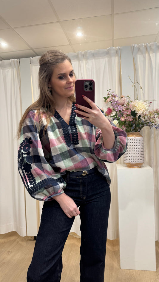 Blouse ruit met broderie - blauw/roze