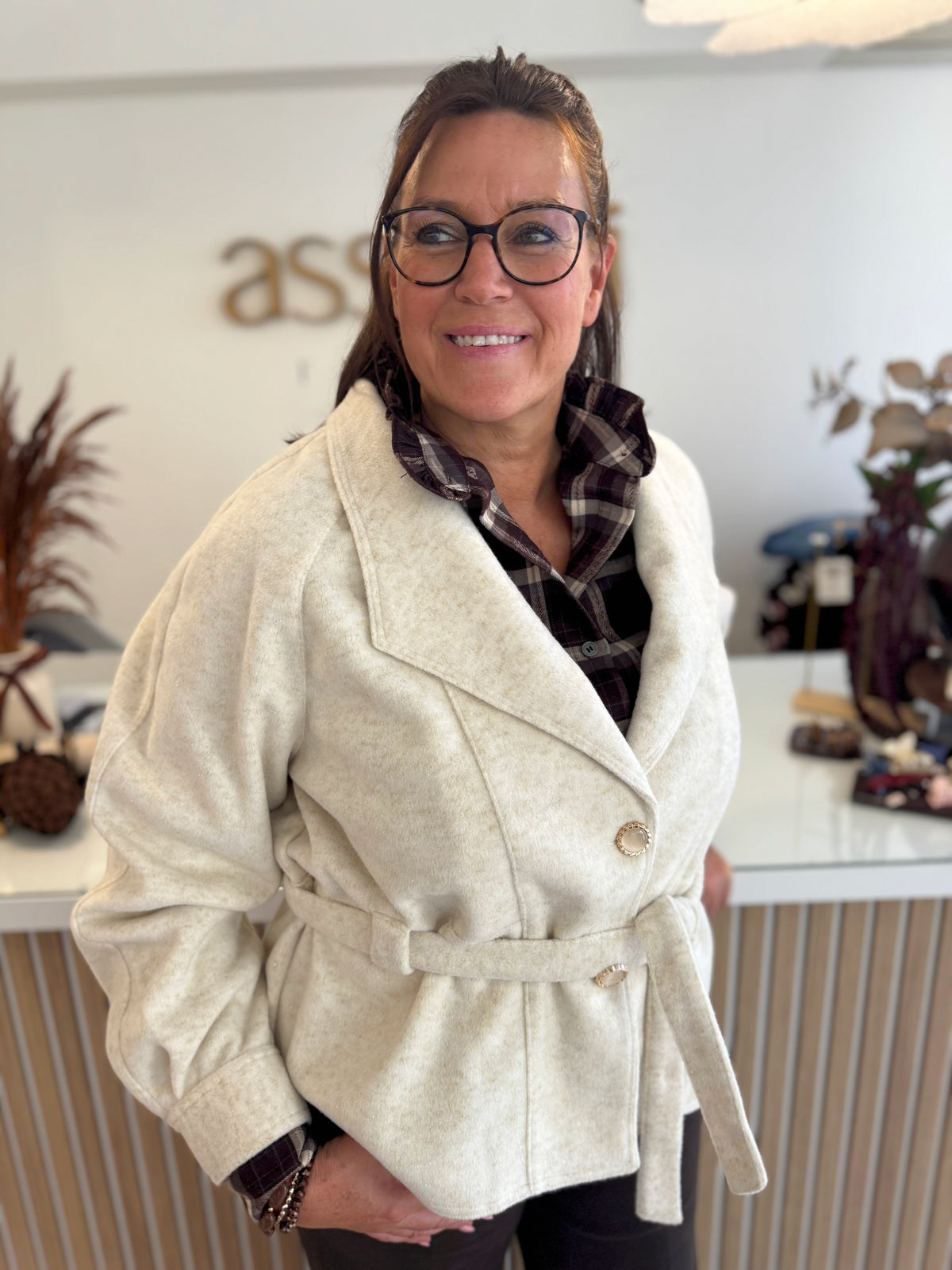 Mantel col revers riem - beige