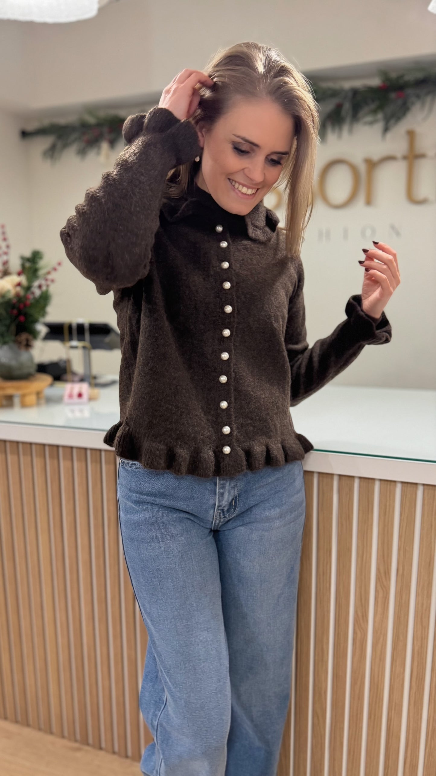 Cardigan frul parel - bruin