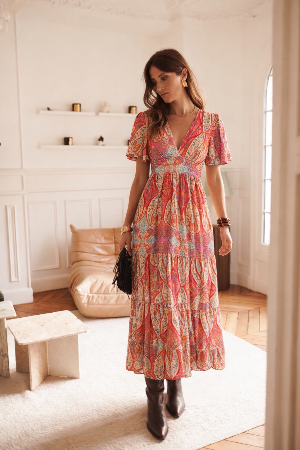 Kleedje V hals KM - print fuchsia
