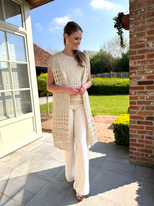 Gilet long fancy open knit lurex - light sand