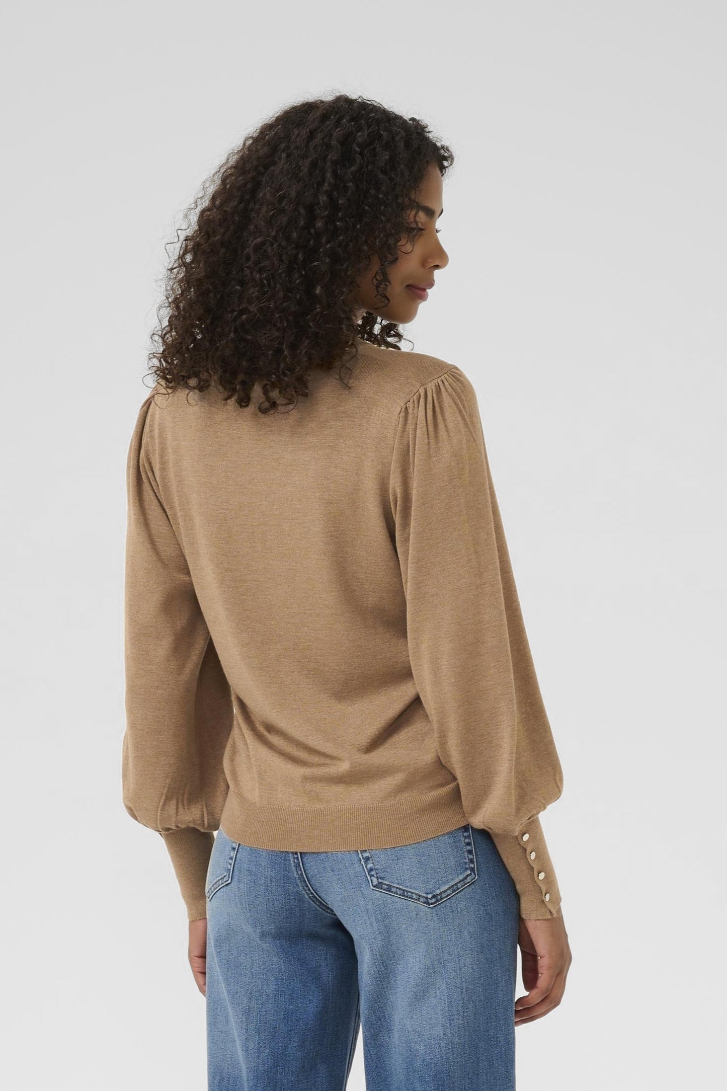 Lizza round neck knit button - toasted coconut