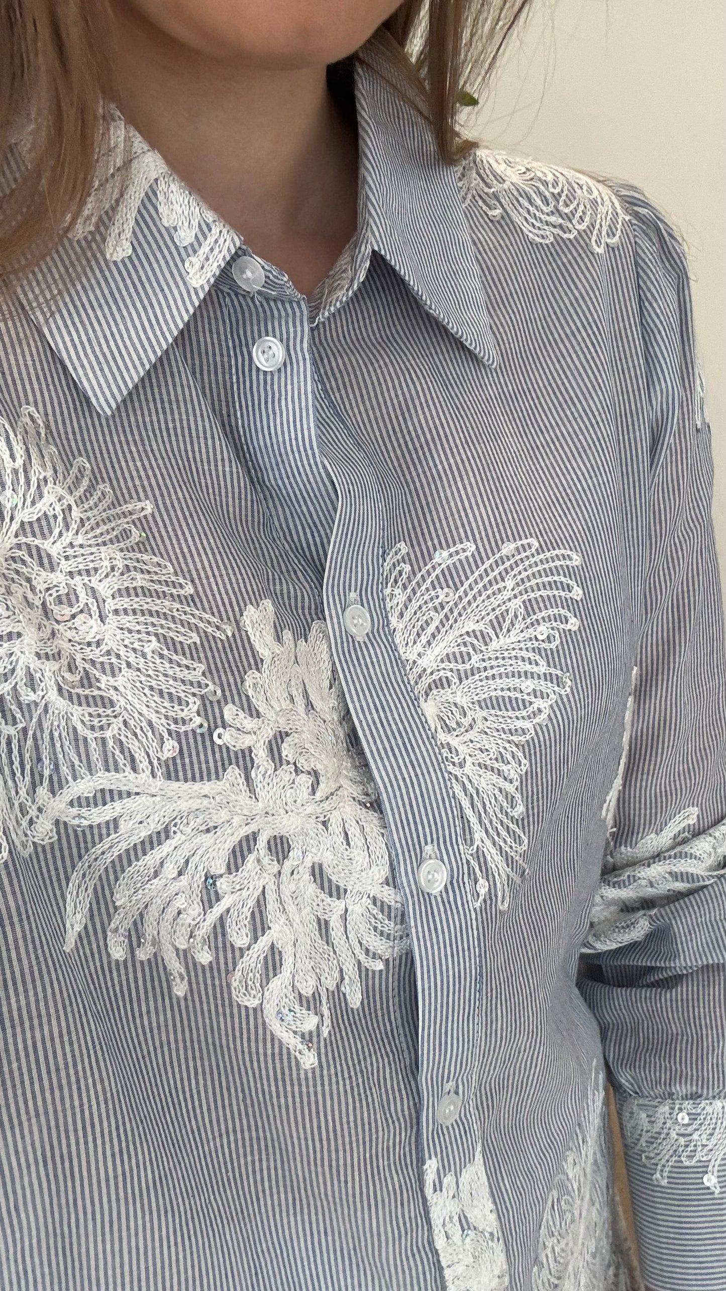 Blouse broderie bloemen - Blauw/ecru