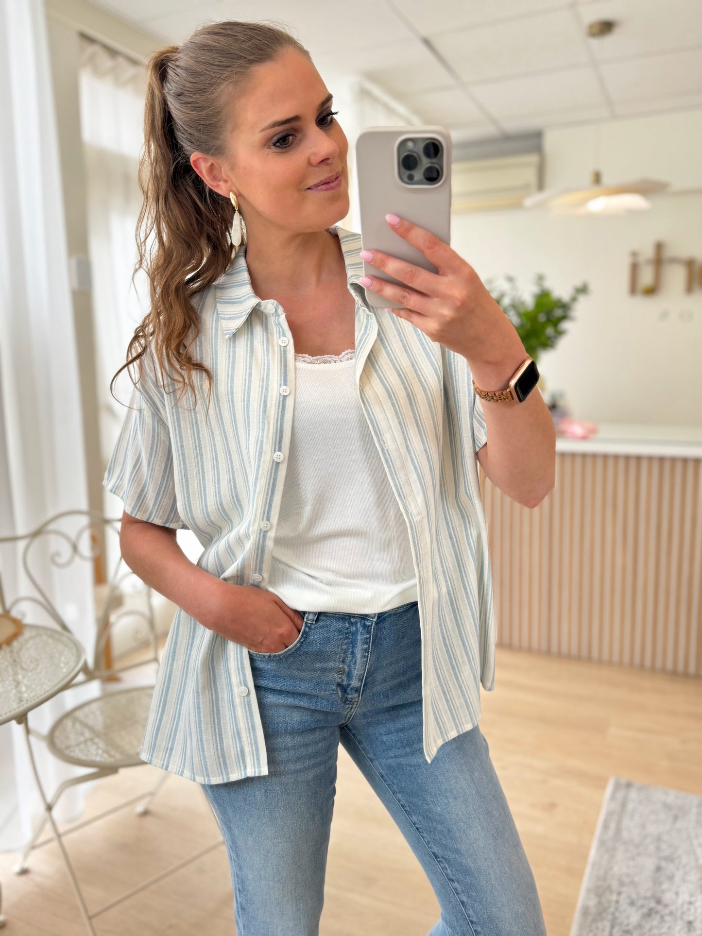 Fia blouse streep - lichtblauw/ecru