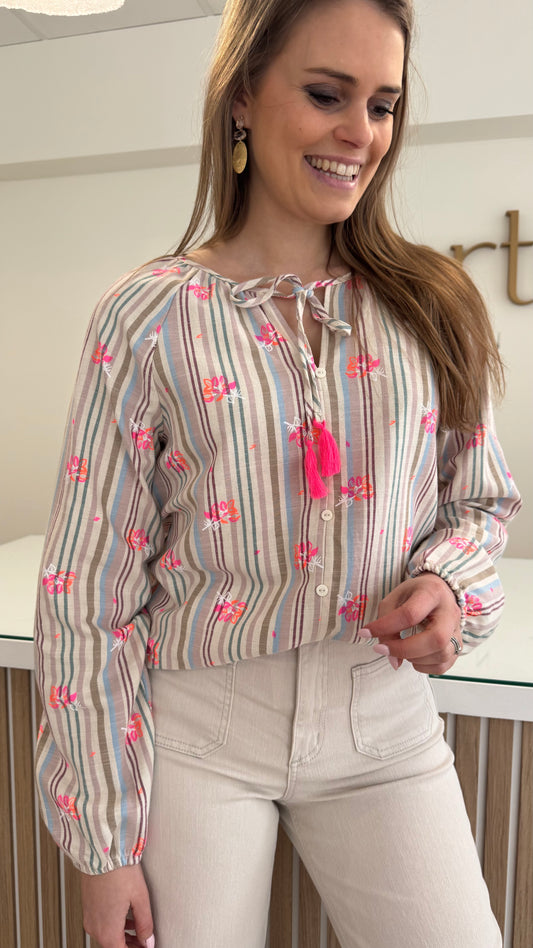 Blouse stripe kwastjes - pink/blue