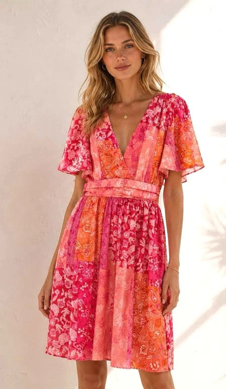 Sunset Patchwork Jurkje - fuschia/oranje