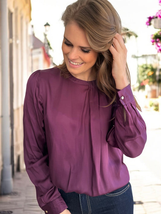 Blouse satin fancy neck - aubergine