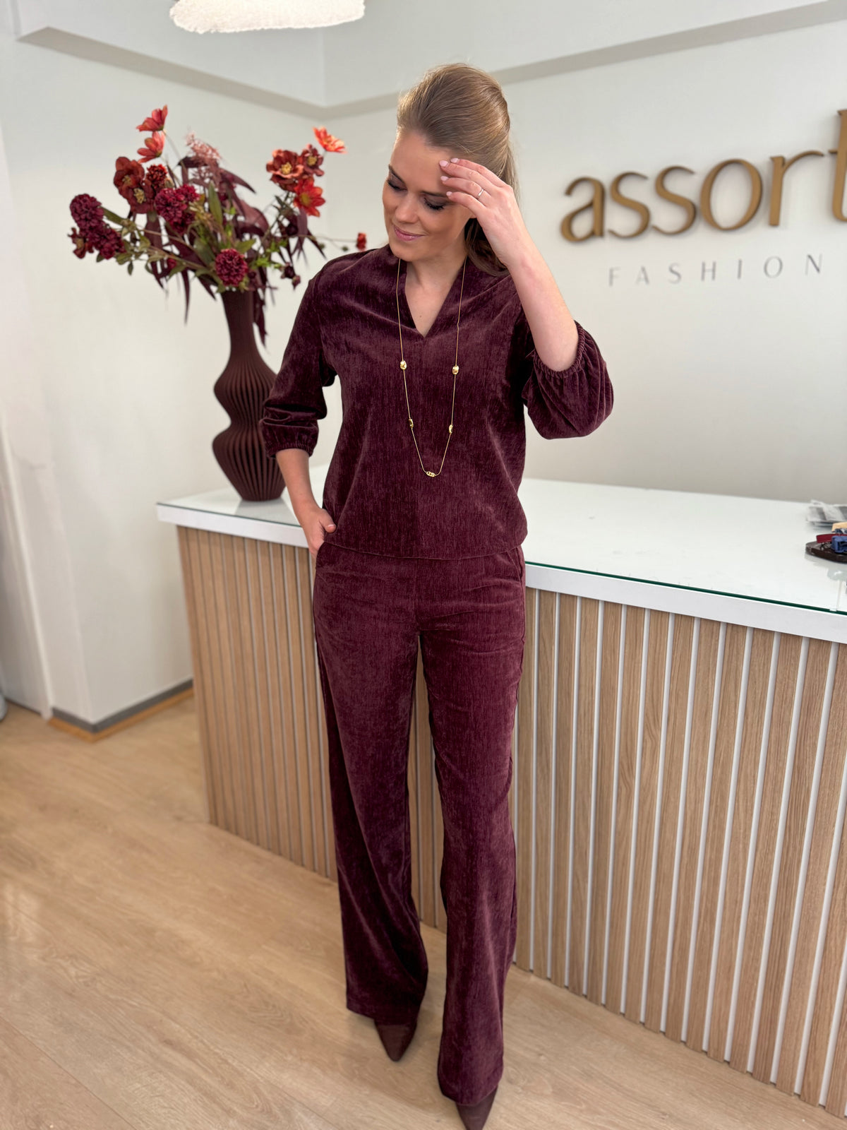 Broek velours uitstraling - bordeaux