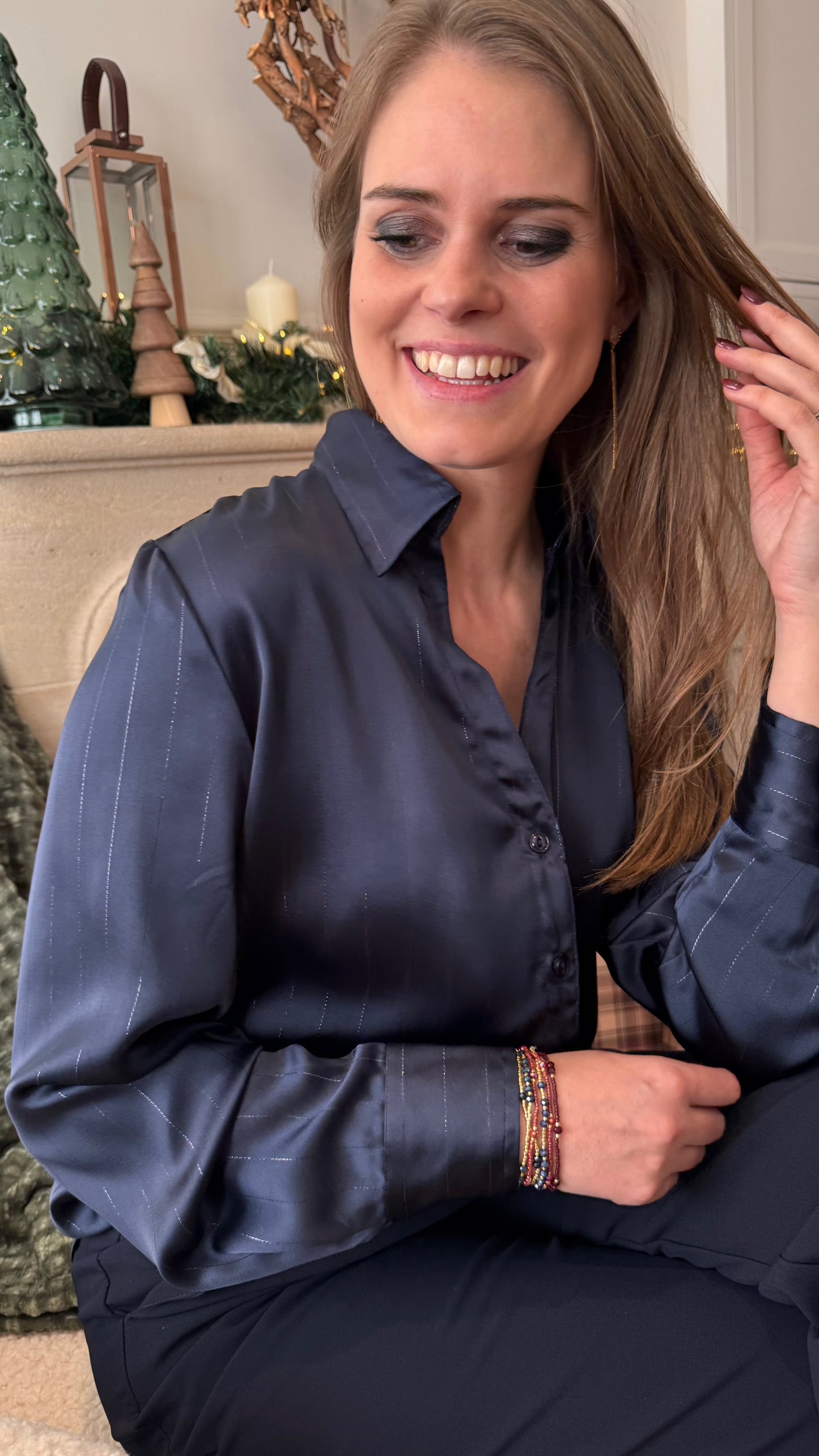 Satijn bloes lurex - marineblauw