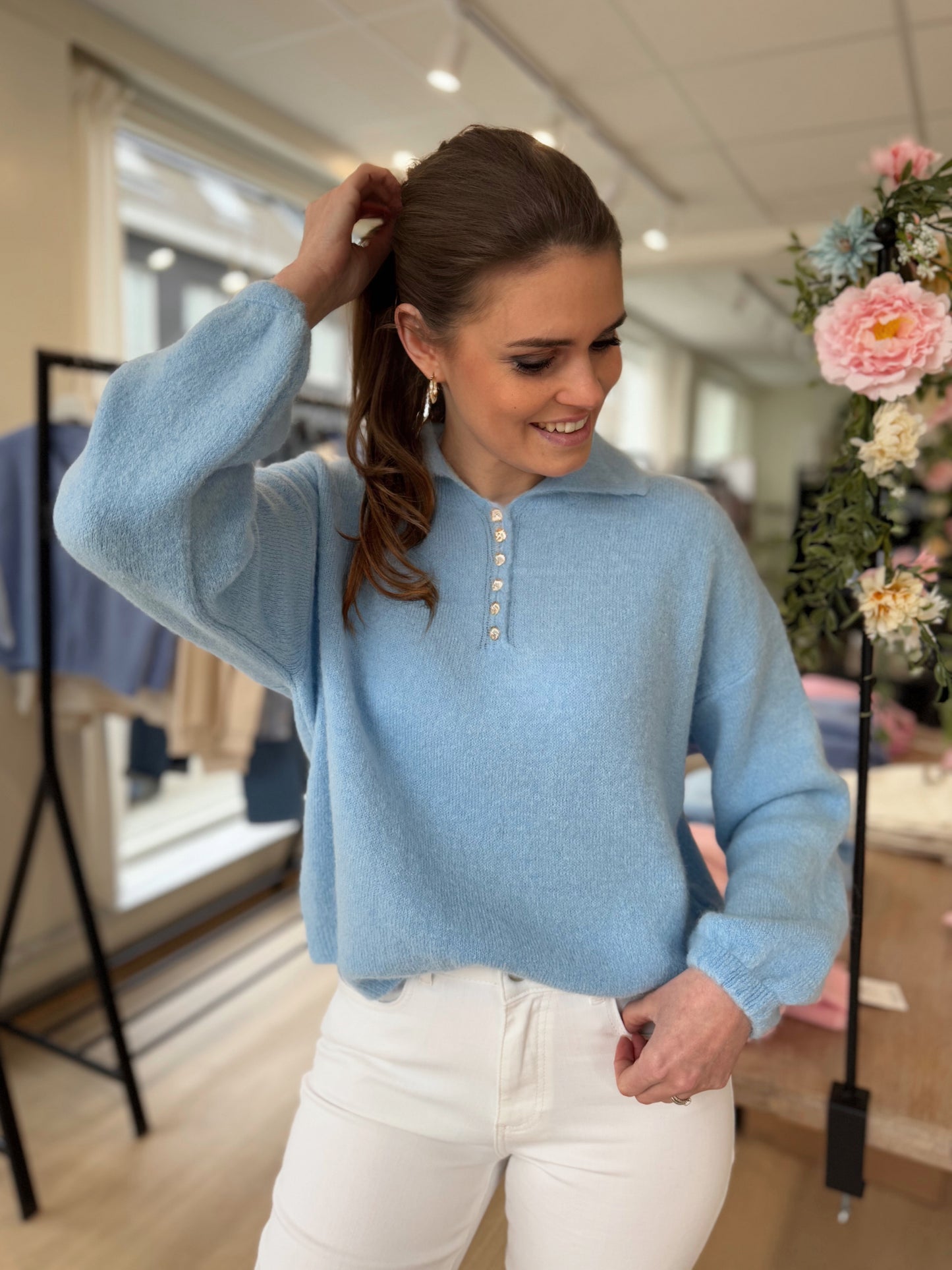 Sweater polo silver button - light blue