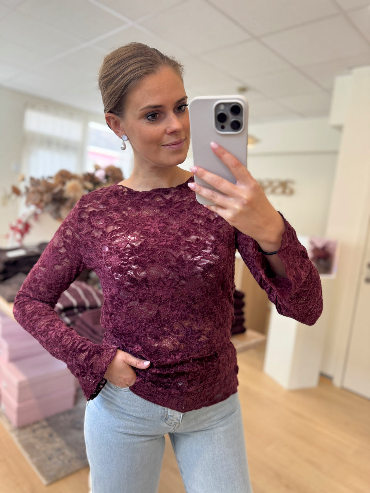 Velvet lace top - bordeaux