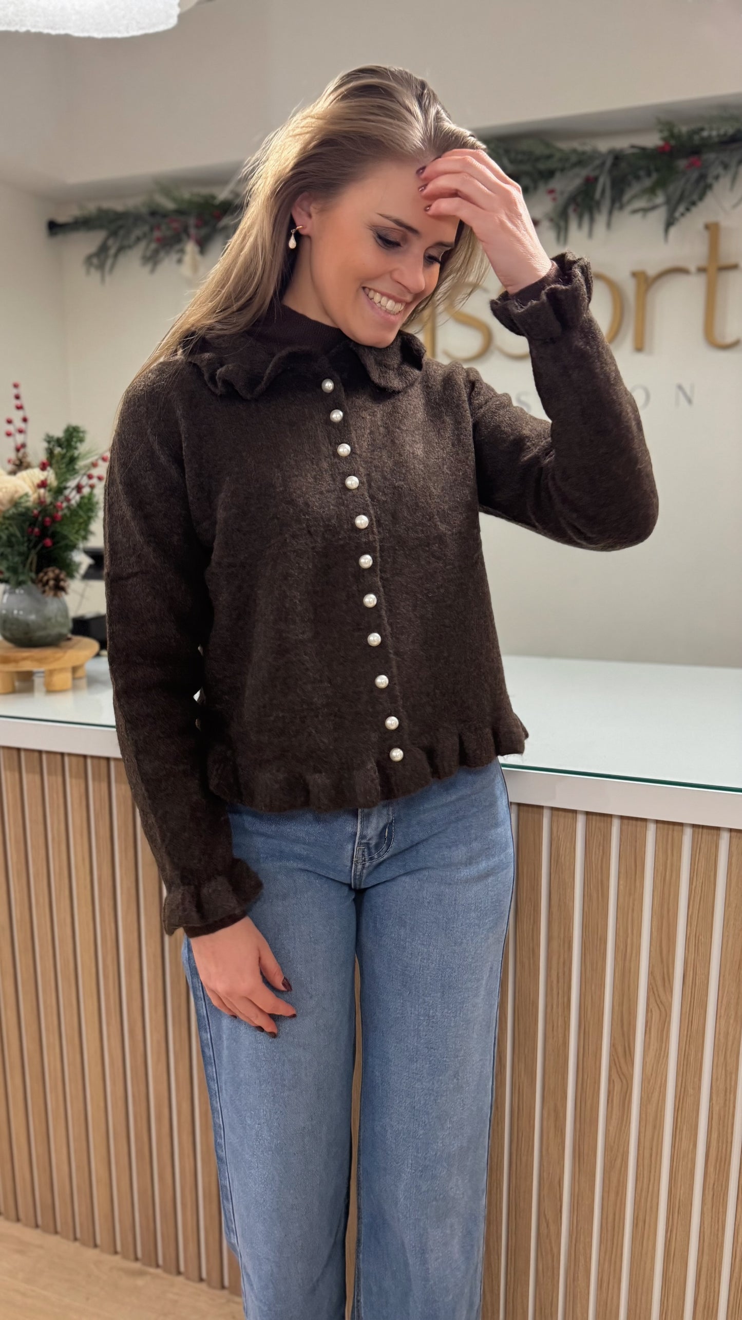 Cardigan frul parel - bruin