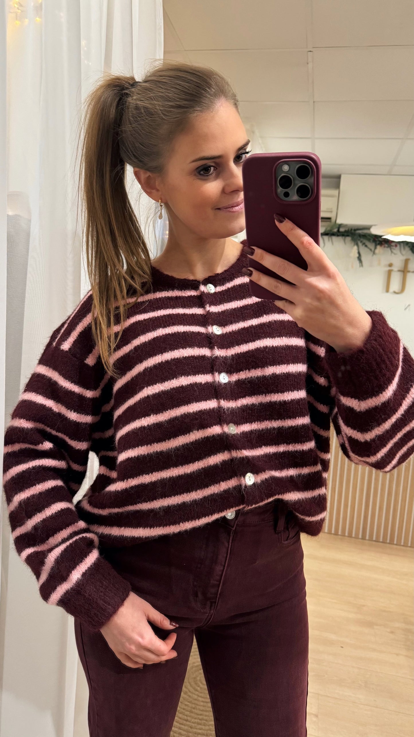 Cardigan Streep - bordeaux/roze