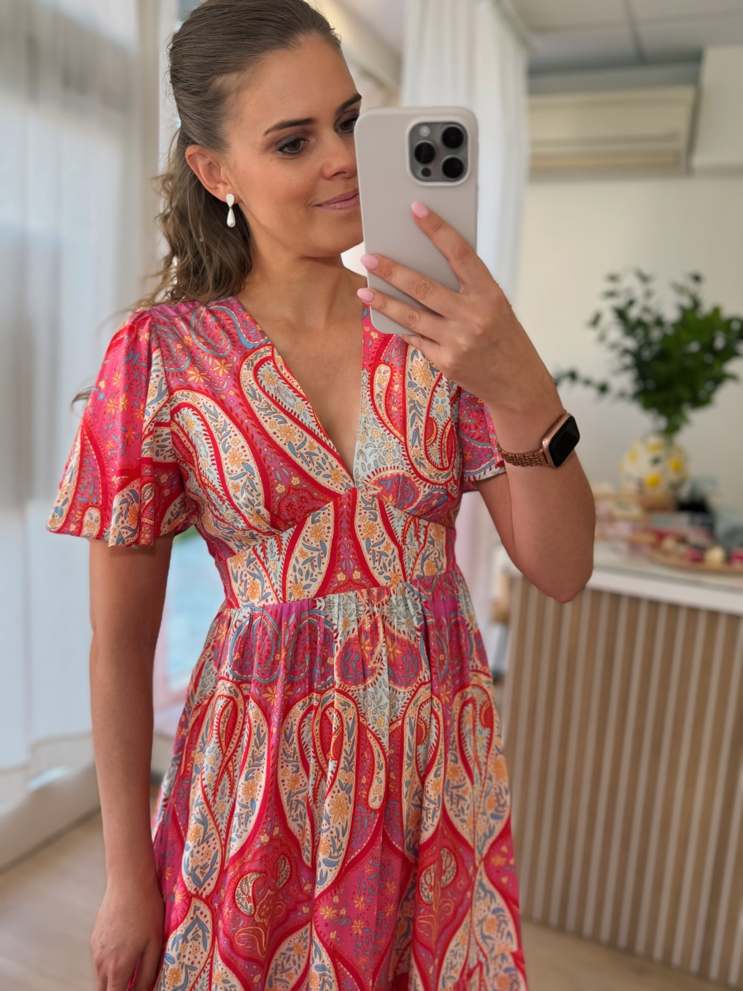 Kleedje V hals KM - print fuchsia