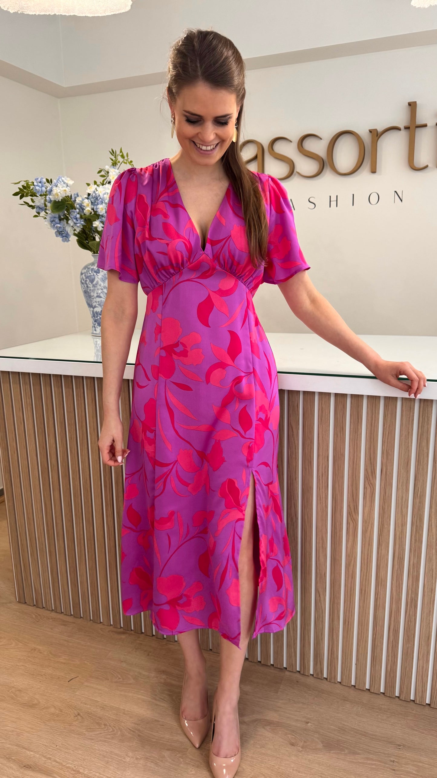 Kleedje V hals - fuschia/oranje