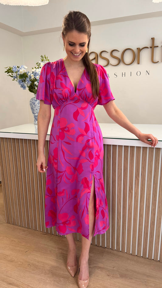 Kleedje V hals - fuschia/oranje