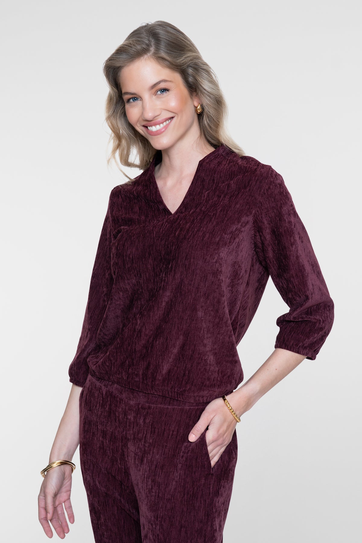 Veloursachtige top V-hals - bordeaux