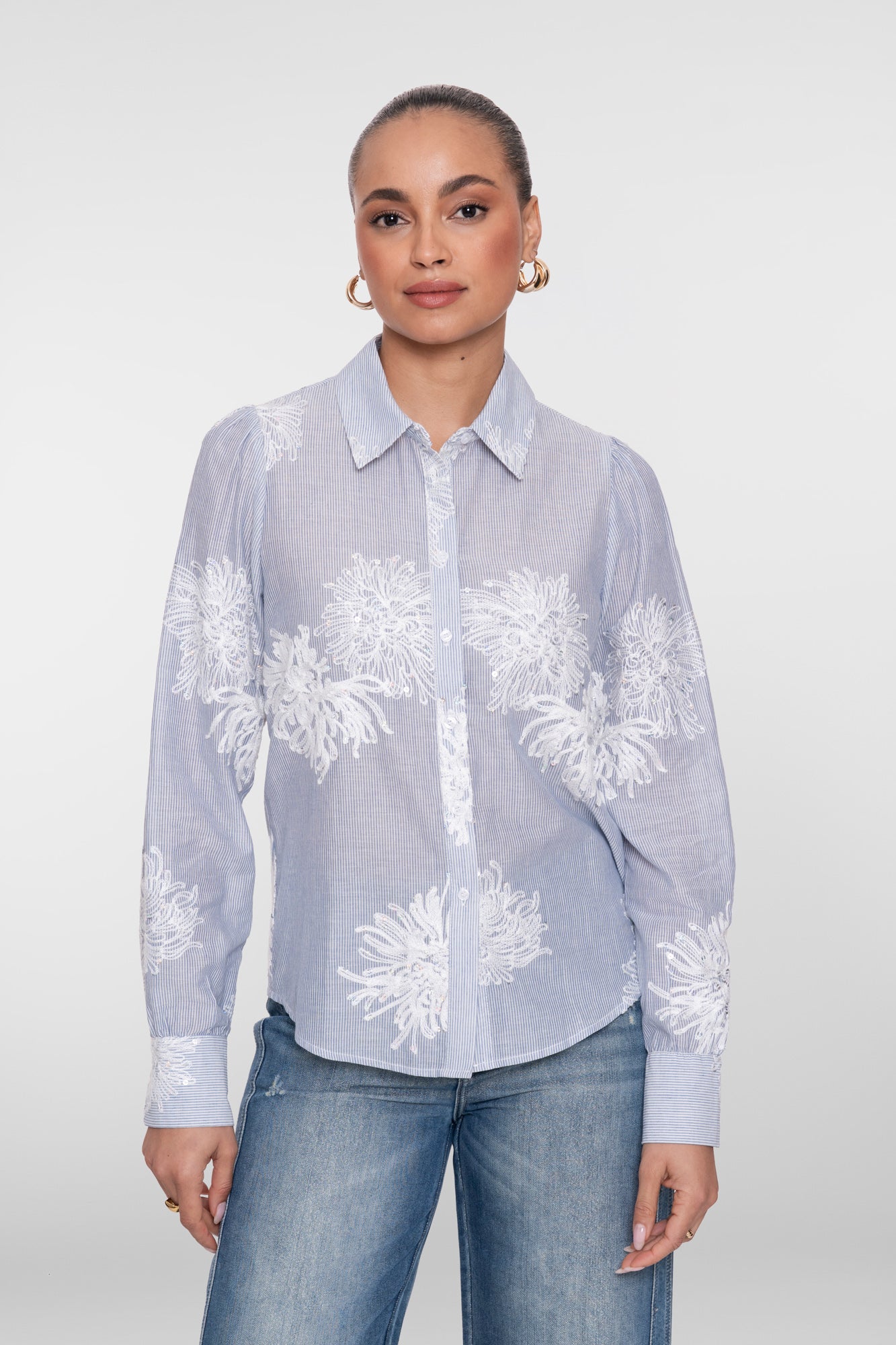 Blouse broderie bloemen - Blauw/ecru