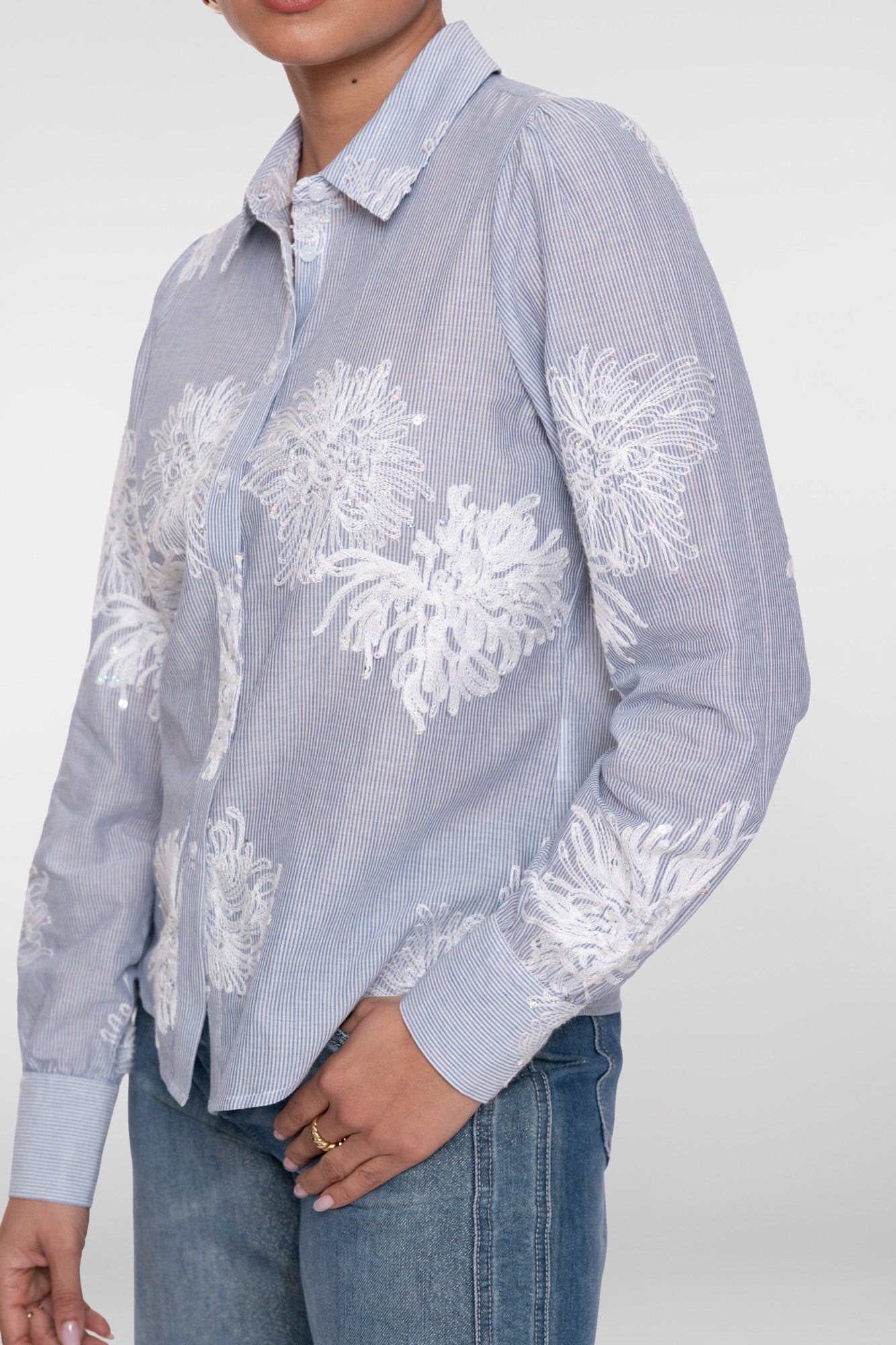 Blouse broderie bloemen - Blauw/ecru