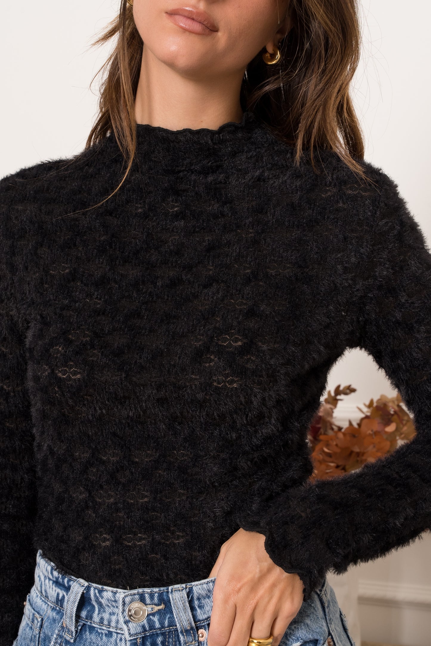 Fluffy lace top - zwart