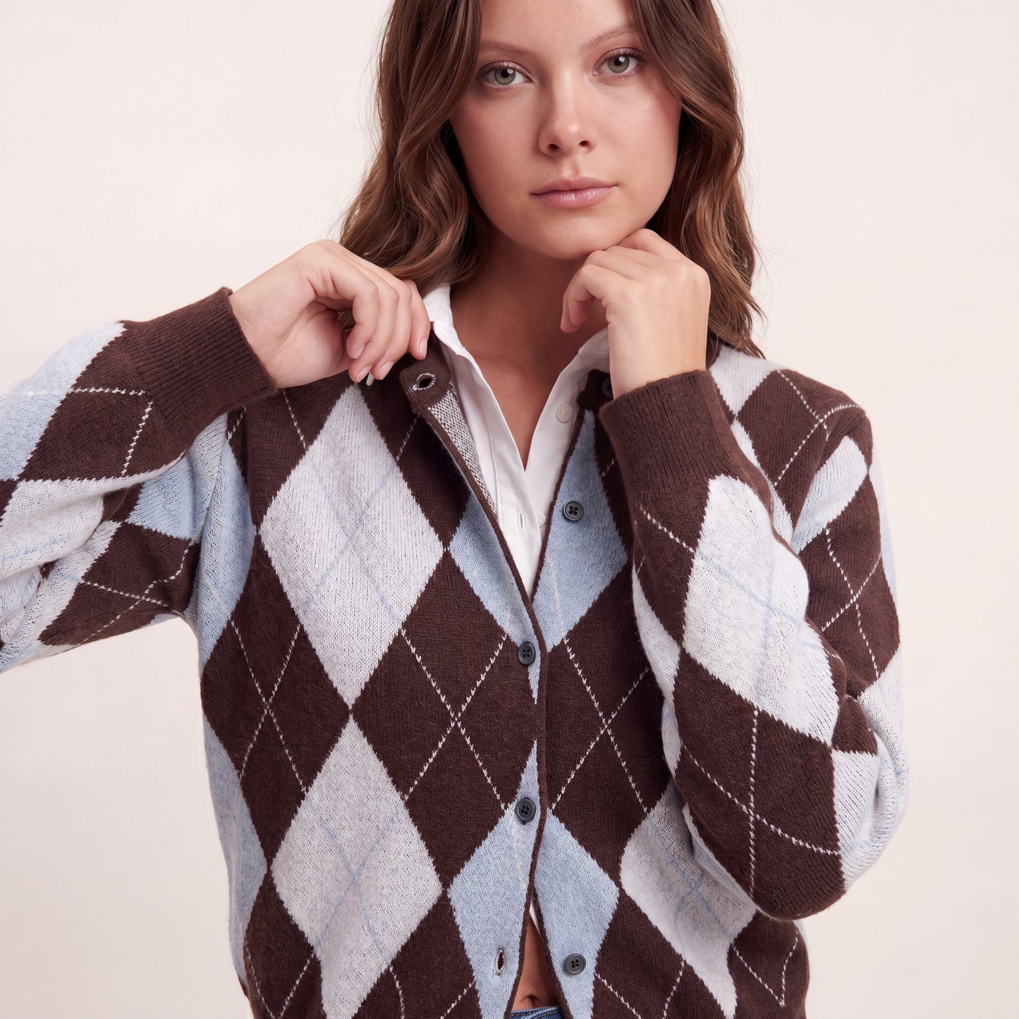 Geruite cardigan - lichtblauw/bruin