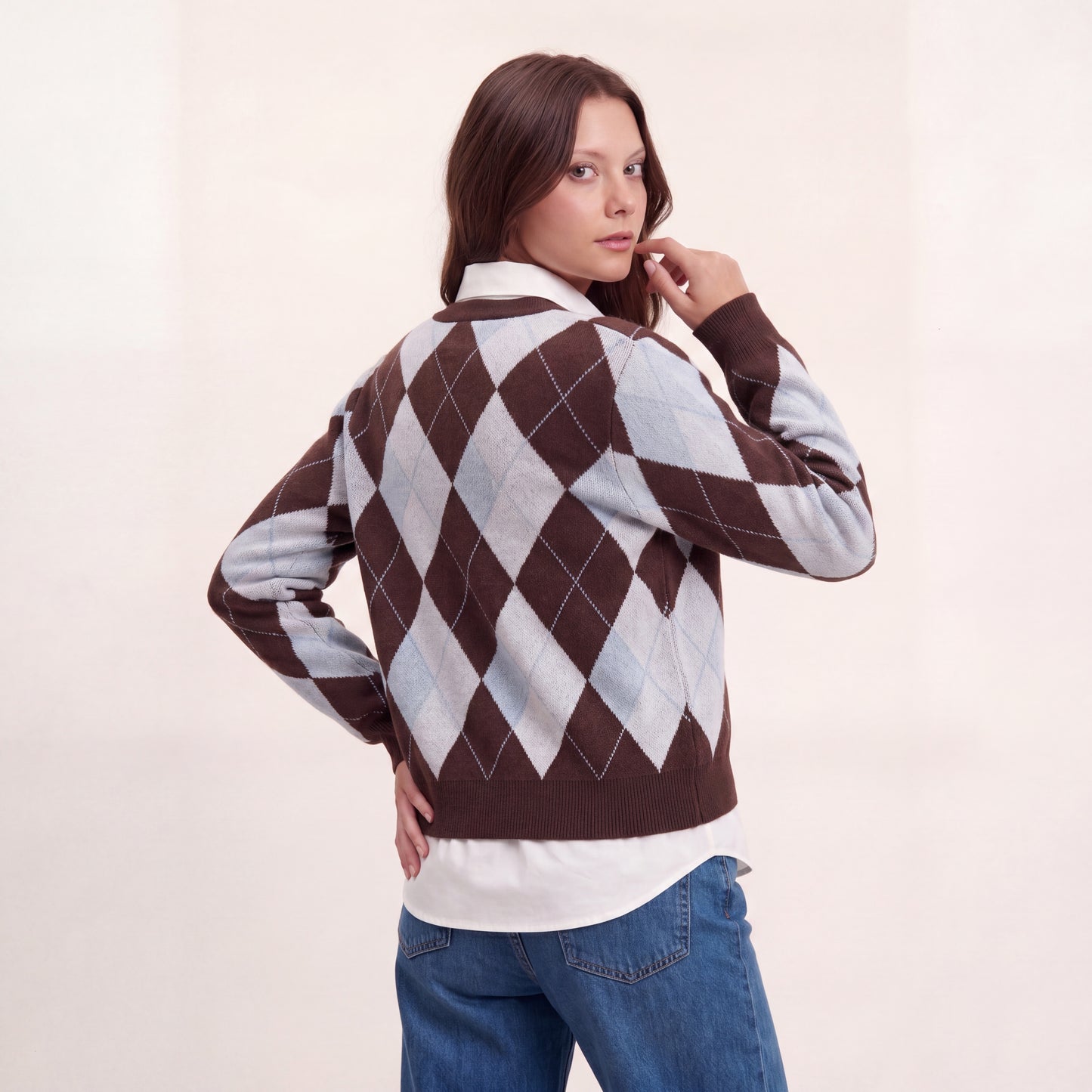 Geruite cardigan - lichtblauw/bruin