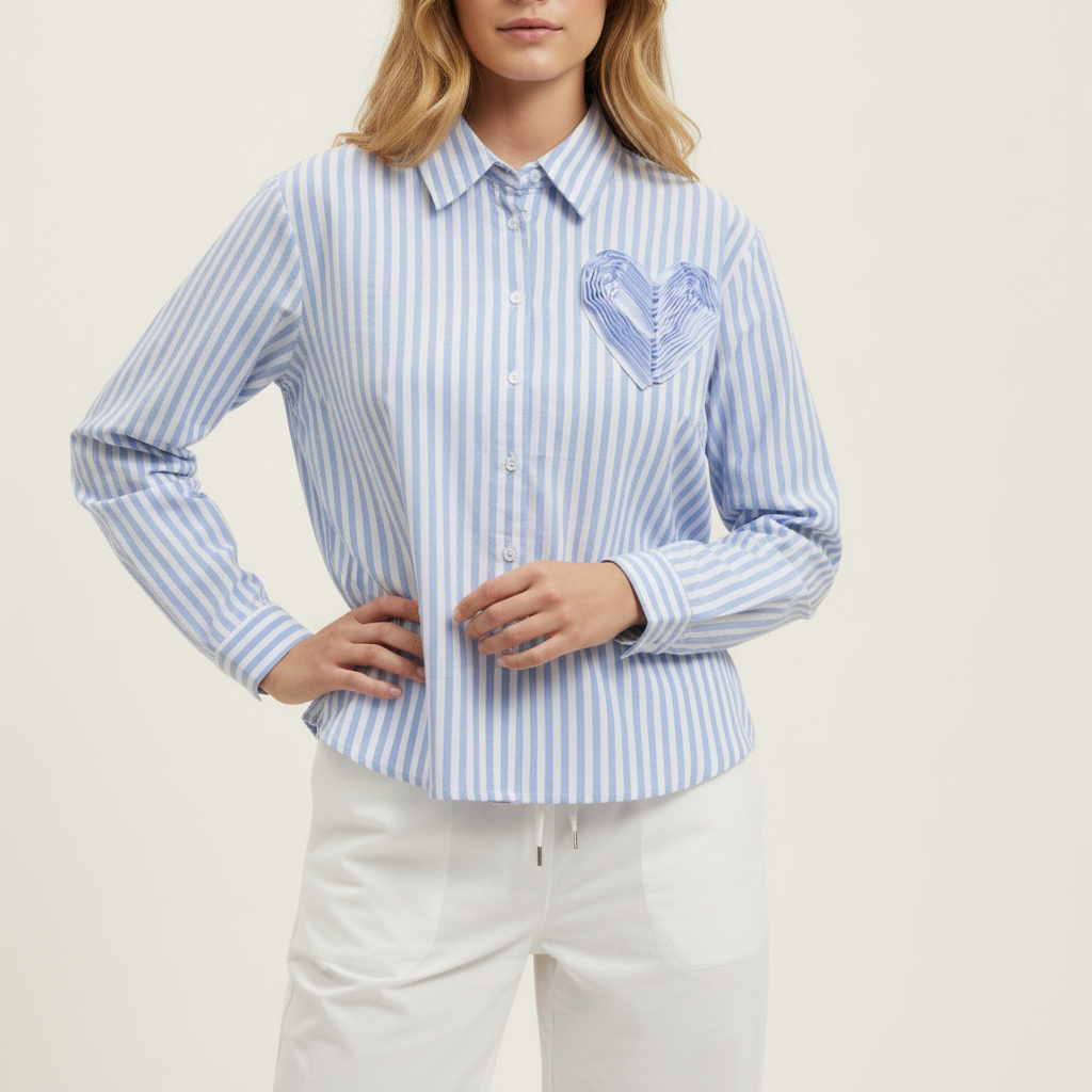 Gestreepte blouse met hart - lichtblauw/ecru