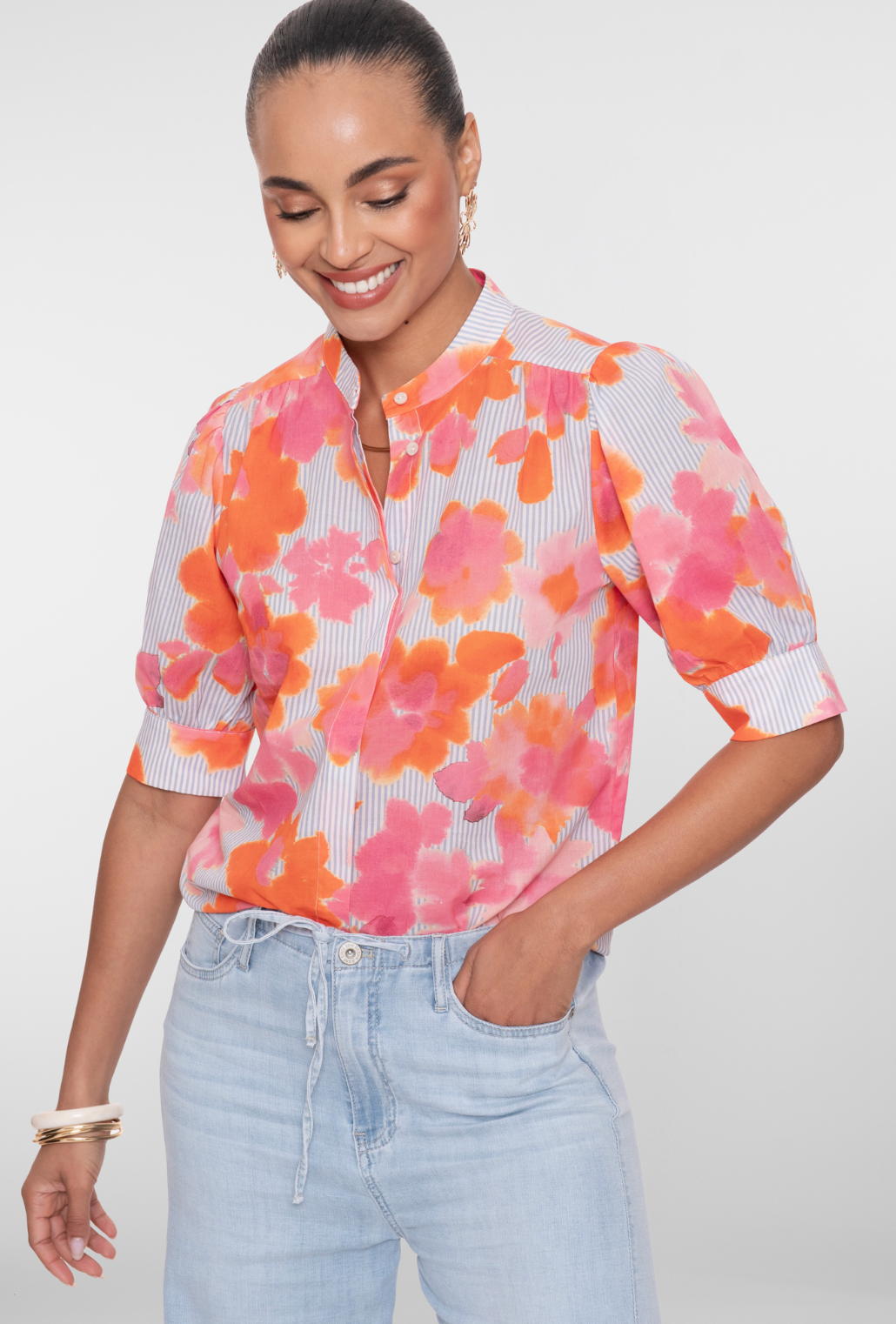 Blouse stripe print - oranje/pink